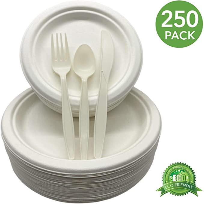 Eco Friendly Party Plates and Cutlery 250 Piece Biodegradable Dinnerware Set Service for 50 Compostable 9-Inch Plates, 7-Inch Plates, 50 Forks, 50 Knives and 50 Spoons (White)