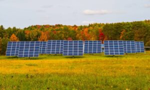 A small field surrounded by autumn-colored trees with a sparse solar farm consisting of nine, 24-paneled solar panels.