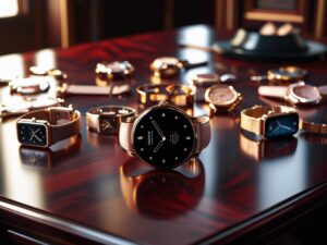 Luxurious gadgets and watches for women in 2025 including Apple Watch Hermès, Dyson Zone headphones, and diamond earbuds arranged on a stylish vanity table.