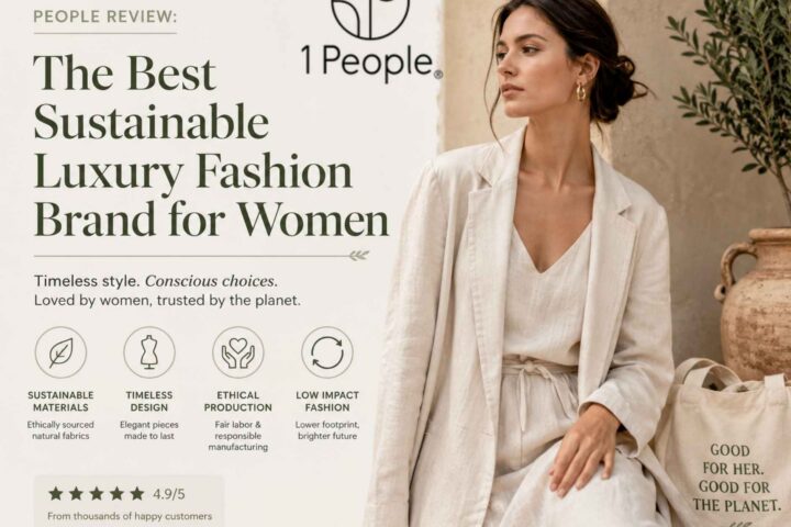 Woman wearing elegant sustainable luxury fashion clothing in a minimalist editorial setting with eco friendly branding and neutral tones.