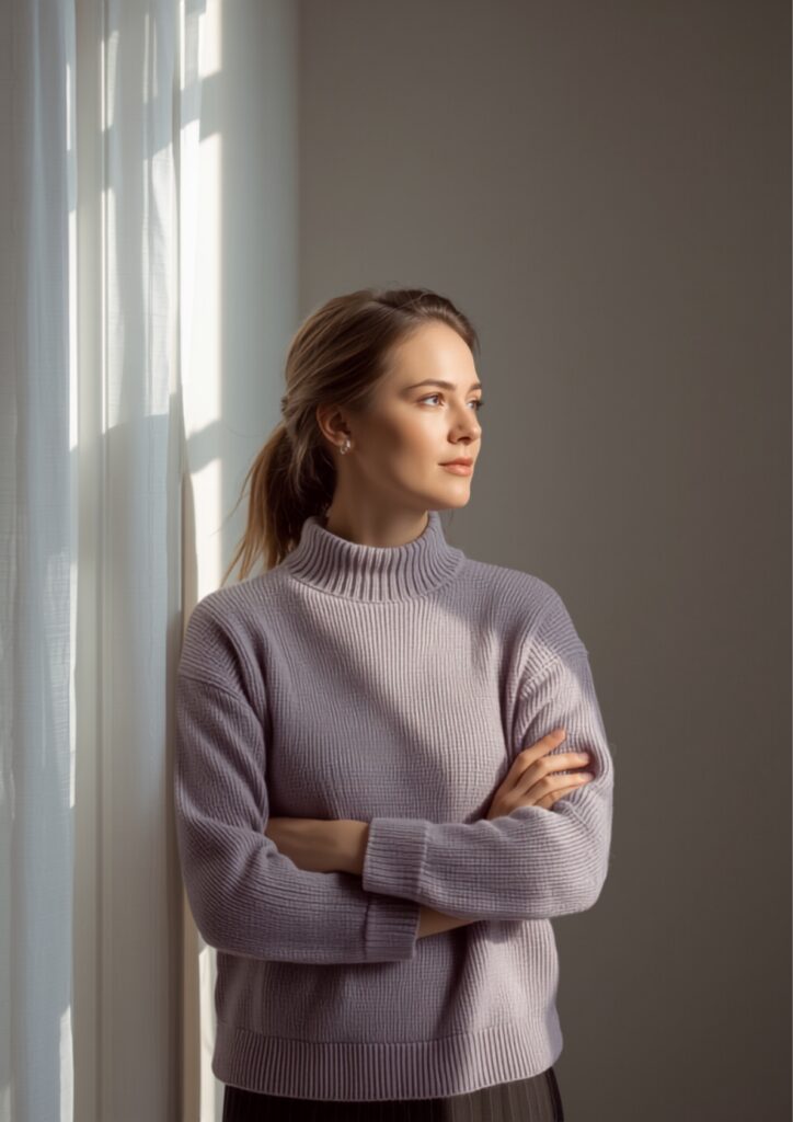 Cozy Woman in Lavender Sweater by Tall Window