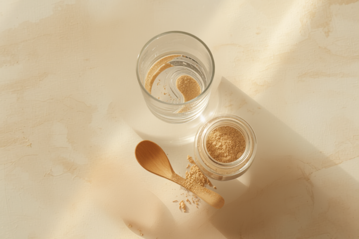 Psyllium husk fiber powder stirred into a glass of water